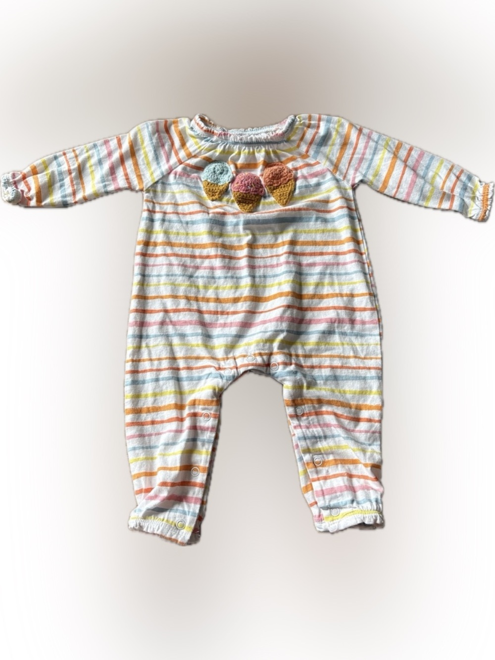 MudPie Striped Ice Cream Appliqué One-Piece Romper - White/Multicolor